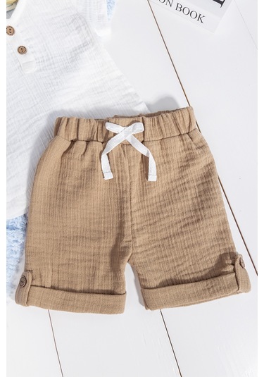 Pamuklu Müslin Düğmeli Alt Üst Şortlu Yazlık Erkek Bebek Takımı Bej