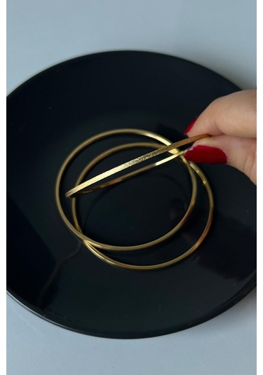 Gold Kaplama Düz Kumlu Model 3 Lü Çelik Ajda Model Bilezik 65 Mm Gold