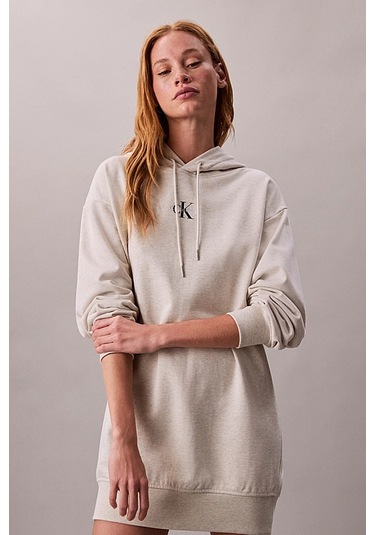 Kadın Rahat Kalıp Kapüşonlu Sweatshirt Elbise - Bej Melanj Vanilla Heather