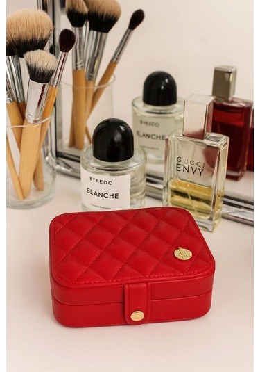 Deri Mini Baklava Desenli Seyahat Takı Bijuteri Mücevher Kutusu Organizer Düzenleyici 11,5cm Kırmızı