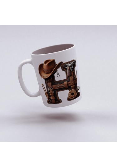 H Harfi Kovboy Temalı Bardak 330 Ml İsim / Harf Kişiye Özel Hediye - Vahşi Batı Konsept Beyaz