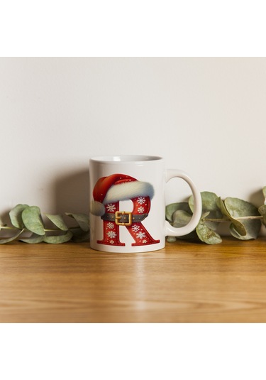 R Harfi Yılbaşı Temalı Bardak 330 Ml Harfli Kişiye Özel Hediye - Yeniyıl / Noel Şapka Tasarım Beyaz