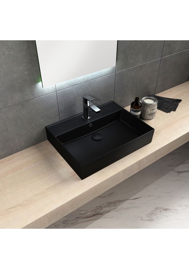 Sifon Tapası - Bas Aç - Mat Siyah Seramik Başlıklı -taşma Delikli-pis Su Sifonu Hariç