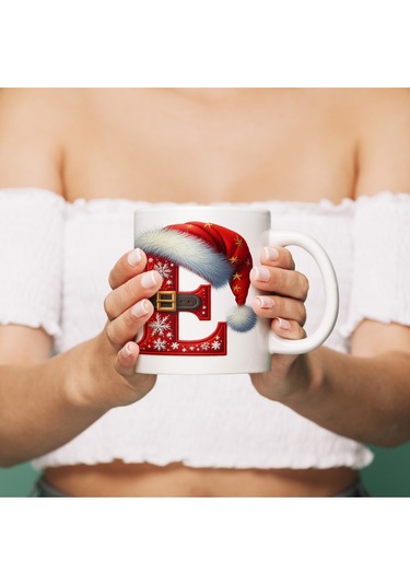 E Harfi Yılbaşı Temalı Bardak 330 Ml Harfli Kişiye Özel Hediye - Yeniyıl / Noel Şapka Tasarım Beyaz