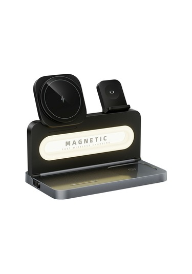 Ht-539 Masaüstü Gece Lambası 15w Manyetik Katlanabilir Telefon Saati Kulaklık Kablosuz Şarj Cihazı Siyah