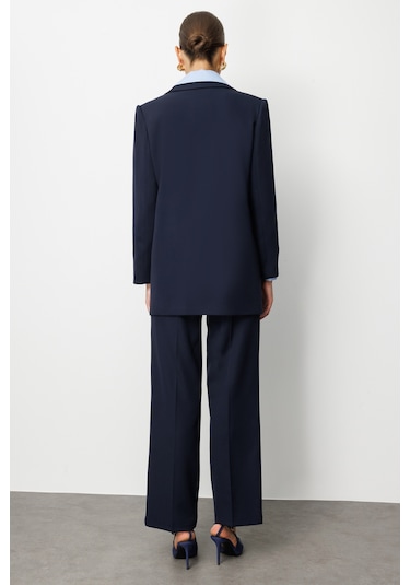 Mizalle Oversize Lacivert Kruvaze Blazer Ceket Lacivert