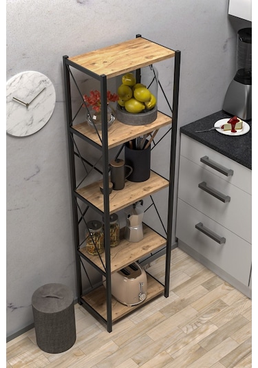Morpanya Arfelix Metal Tekli Mutfak Rafı Malzeme Dolabı 5 Raflı Mikrodalga Fırın Rafı Çok Amaçlı Ceviz