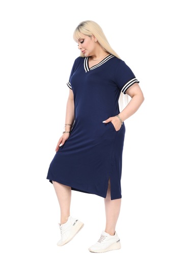 Melsay Butik Lacivert Yakası Şeritli V Yaka Midi Elbise Lacivert
