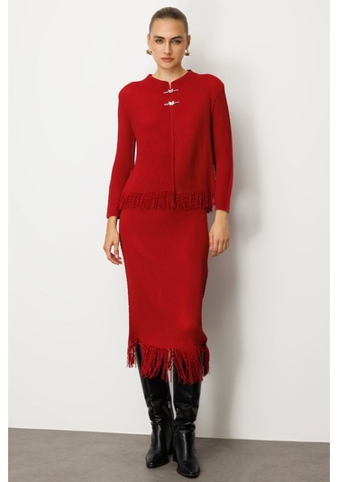 Ekol Kadın Beli Lastikli Püsküllü Etek 3911 Bordo Bordo