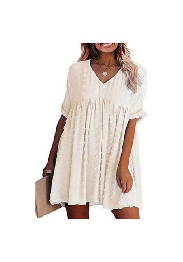 2024 Kadın Yaz Yeni Şifon Bol Kesim Büyük V Yaka Elbise Trendi Bej