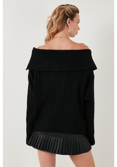 Lela Oversize Fit Madonna Yaka Triko Bayan Kazak 4615216 Siyah