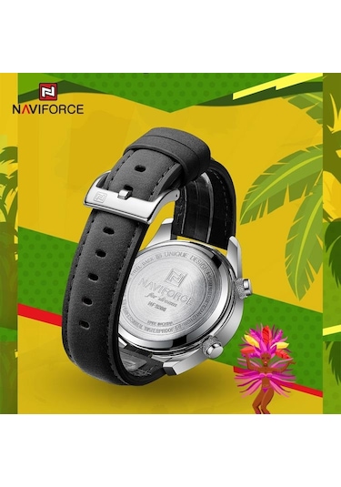 Naviforce Nf9208 Çift Ekran Kuvars Analog Lcd Dijital Erkek Saat Deri Kayış Gümüş - Yeşil