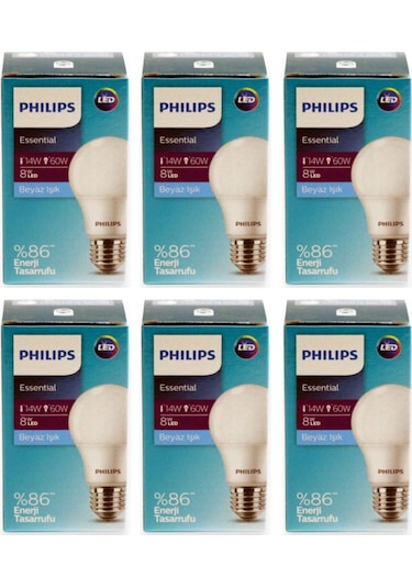Philips Ess Ledbulb 8W-60W E27 Normal Duy Beyaz Işık- 6 Adet