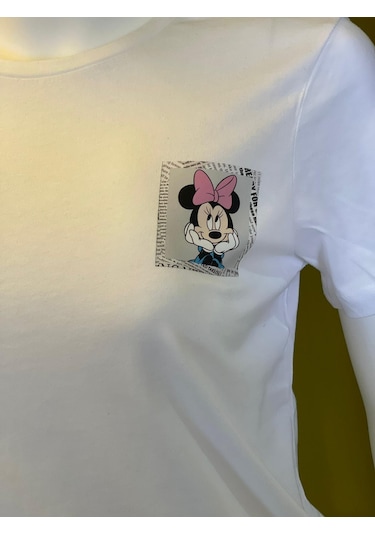 %100 Pamuk Basik Bisiklet Yaka Örme Mickey Mause Minny Mause T-shirt Beyaz