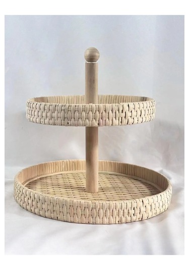 El Yapımı 2 Katlı Doğal Rattan Sunumluk Yuvarlak Servis Tepsisi 25 Cm & 30 Cm Rattan