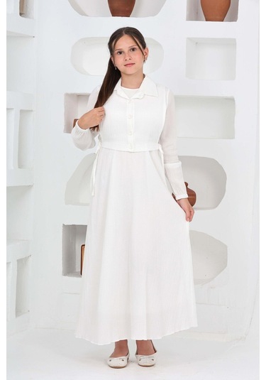 Kız Çocuk Uzun Boy Gofre Kumaş Jile & Elbise İki Parça Takım Astarlı Zarif Set-4948 Ekru Kız Çocuk Uzun Boy Gofre Kumaş Jile & Elbise İki Parça Takım Astarlı Zarif Set-4948 Ekru