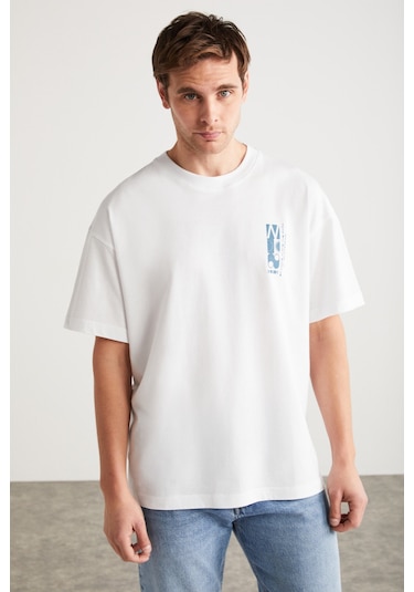Antonıo  Erkek Baskı Detaylı %100 Organik Pamuk Örme Oversize Beyaz T-shirt
