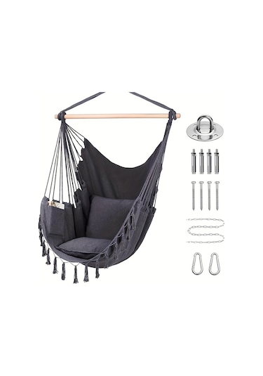 Siyah Püsküllü Halat Hamak Sandalye