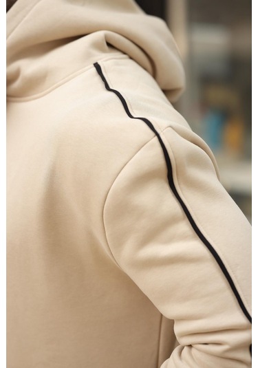 Madmext Bej Kapüşonlu Kanguru Cep Erkek Sweatshirt E7163 Bej