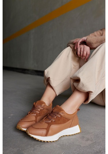 Sara Taba Hakiki Deri Bağcıklı Kadın Sneaker-Taba