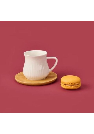 Mien-23403 Bambu Tabaklı 6lı Kahve Fincan Takımı Ahşap - Beyaz
