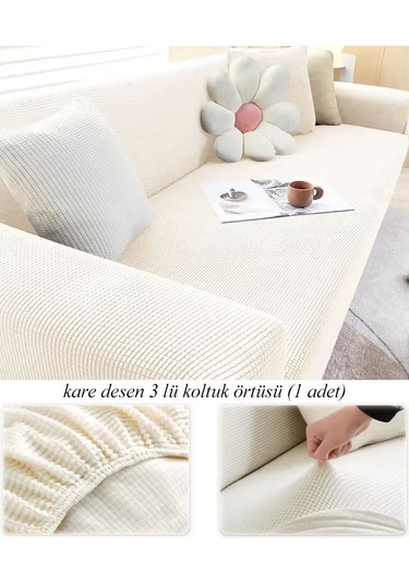 StarMall Lastkli Yikanabilir Karedesen 3 kişili Koltuk Örtüsü kanepe, çekyat KılıfıKrem