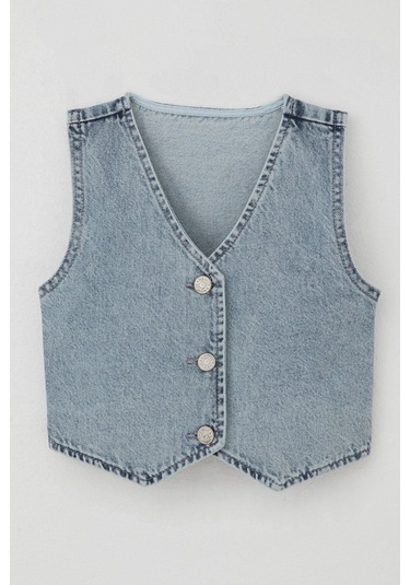 Breeze Kız Çocuk Yelek Kot Düğme Kapamalı V Yaka 4-14 Yaş, Açık Mavi Açık Mavi