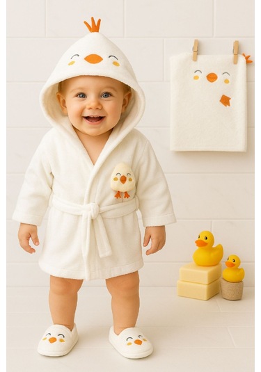 Sevimli Civciv Pamuklu Bornoz Seti 4 Parça Krem