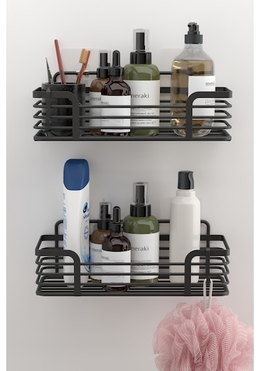 Teknotel ST284H Yapışkanlı Kancalı Banyo Rafı Mat Siyah 2'li Siyah