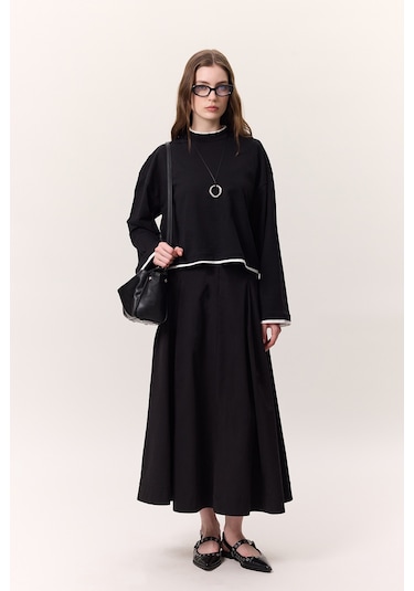 Cep Detaylı Geniş Etek Siyah Siyah