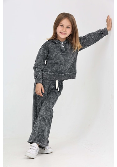 Toontoy Kız Çocuk Yıkamalı Arkası Baskılı Eşofman Takım Ekru