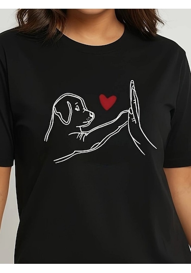 Sensuelle Kadın Kısa Kollu Bisiklet Yaka Köpek Baskılı Viskon Bluz Siyah