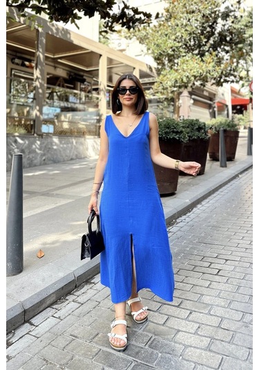 İndigo Askılı İthal Müslin Kumaş, Önü Ve Arkası V Yaka, Önden Yırtmaçlı, Maksi/uzun Salaş Elbise Indigo