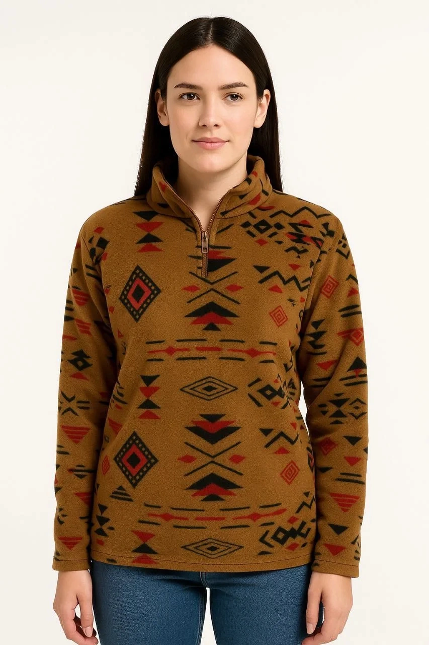 Kadın Yarım Fermuarlı Desenli Polar Sweat Tribal Etnik Desen Yakalı, Uzun Kollu, Oversize Rahat Kalı Kahverengi