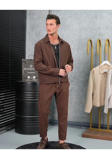 Modefendi Düz Kumaş Oversize Fermuarlı Alt Üst Jogger Takım Kahverengi