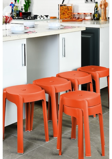 Kaymaz Ayaklı İç İçe Geçebilen Plastik Tabure 6 Adet-turuncu