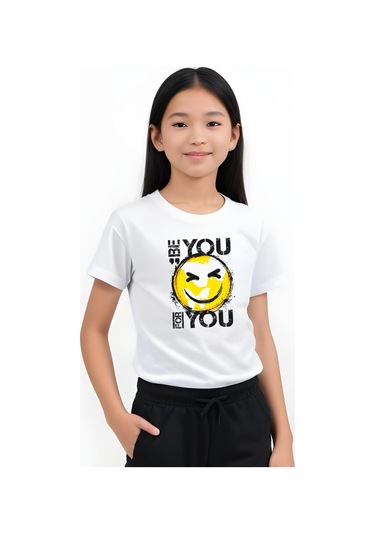 Be You Emoji Baskılı Kız Çocuk Tişört Ve Eşofman Alt-üst Takım Beyaz