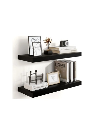 1 Adet Yüzer Raflar Ahşap Duvara Monte Depolama Rafı Derin Kalın Siyah