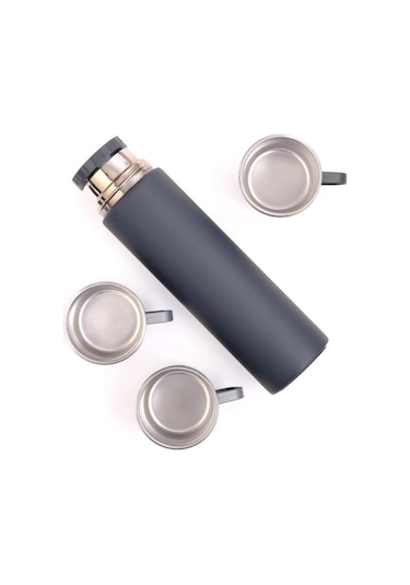 304 Paslanmaz Çelik 3 Bardaklı Termos Seti Çay Kahve Piknik Kamp Gri Gri