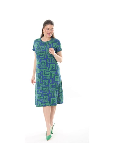 Kadın Mavi Yeşil Labirent Desen Midi Elbise-mavi Mavi