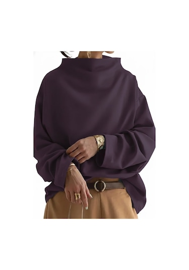 Tua Moda Kadın Uzun Kollu Geniş Balıkçı Yaka Modal Mürdüm Bluz Bordo