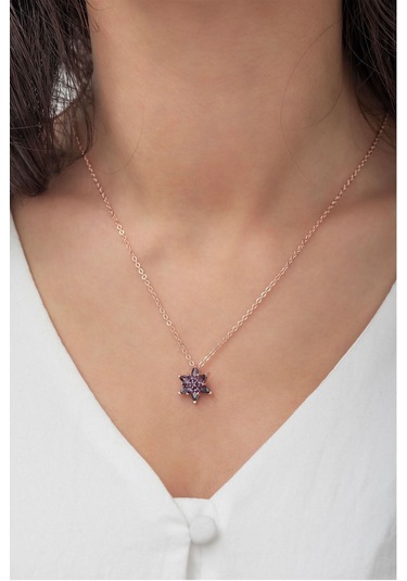 Ervanur Rose Altın Kaplama Mor Taşlı Lotus Çiçeği Kadın Kolye Mor