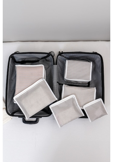 Adarya Home 6'lı Valiz Düzenleyici Set - Çizgili-filesiz Gri - Beyaz