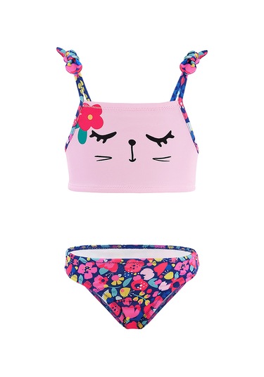 Denokids Çiçekli Kedi Kız Çocuk Bikini Çok Renkli