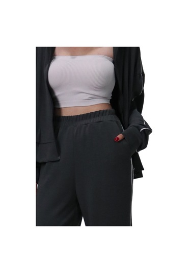 Kadın Modal Kumaş Kontrast Detaylı Antrasit Düz Kesim Pantolon Antrasit