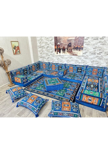 Coton Şark Köşesi Milas Desenli Minder Takımı Mavi