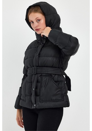 Alisse-kadın Siyah Kapüşonlu Kemerli Şişme Mont Kaban Siyah