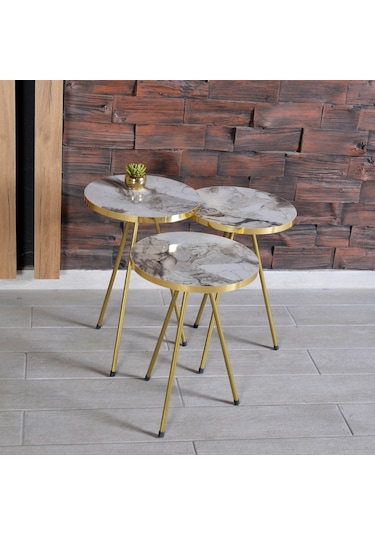 Zigon Sehpa 3'Lü Altın Metal Ayak 2 Renk Seçenekli