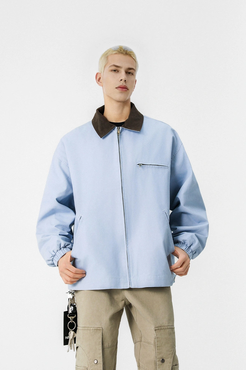 Snapbuy Yıkanmış Denim Ceket, Amerikan Retro Stili, Kontrast Yakalı, Bol Kesim Buz Mavi