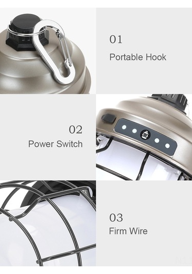 Shineyee Siyah Demir Cam Kapağı Kamp Lambası - Ipx4 Su Geçirmez, 3 Seviye Parlaklık, İç Li-pil Ve Kanca İle Taşınabilir Açık Hava Feneri Siyah